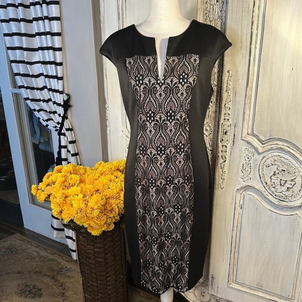Connected Apparel Elegant Black and Blush Lace Dress